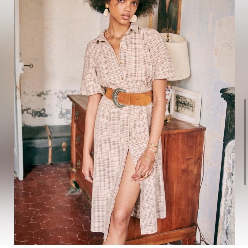 Sezane Jasmine Dress, CARREAUX VERT BEIGE ROSE. Size 42 (US 10) Linen/Cotton